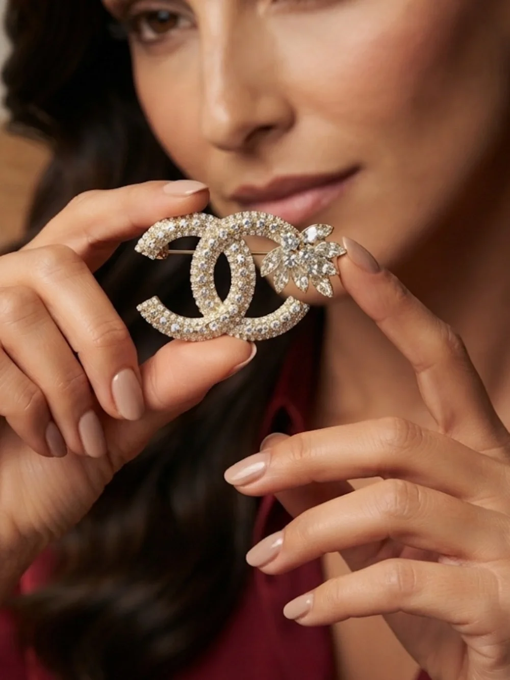 CHANEL Crystal Logo Leaf Brooch